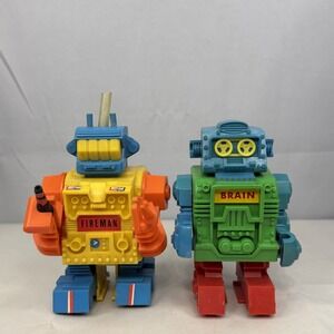 Lot of 2 Rare Vintage Topper "Brain" Ding-A-Lings Toy Robot Fireman and Brain